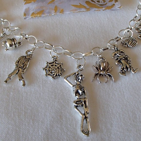 Halloween Theme 13 Charm Bracelet SP New Handcrafted + Organza Roses Gift Bag - Picture 4 of 14